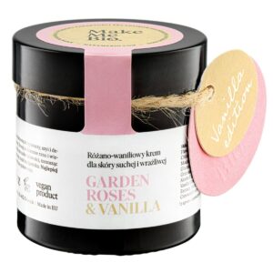 Make Me Bio Garden Roses & Vanilla balsam do ciała, naturalny kosmetyk z różą i wanilią, krem do ciała w szklanym opakowaniu, wegańska pielęgnacja skóry z masłem shea
