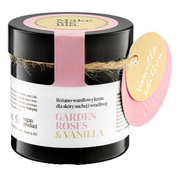 Make Me Bio Garden Roses & Vanilla balsam do ciała, naturalny kosmetyk z różą i wanilią, krem do ciała w szklanym opakowaniu, wegańska pielęgnacja skóry z masłem shea