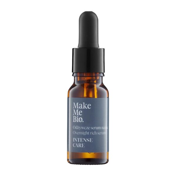 naturalne serum olejowe do twarzy Make Me Bio, serum na noc z olejem z wiesiołka, lekka formuła nawilżająca i odżywcza, kosmetyk wegański do pielęgnacji nocnej, detal butelki z pipetą Make Me Bio Intense Care