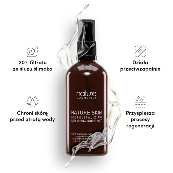 mgiełka tonizująca ze śluzem ślimaka, tonik nawilżający Nature Skin, mgiełka do twarzy, tonik do skóry wrażliwej, regenerująca mgiełka, mgiełka kojąca skórę, pielęgnacja skóry z filtratem śluzu ślimaka, mgiełka Nature Cosmetics, mgiełka na dzień i noc, mgiełka do skóry suchej i mieszanej