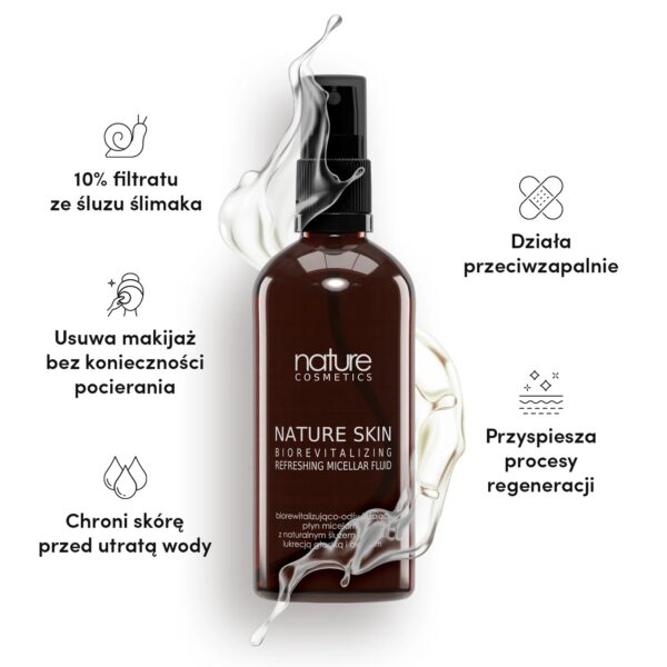 płyn micelarny ze śluzem ślimaka Nature Skin, micel oczyszczający do twarzy, płyn do demakijażu i nawilżenia, micel regenerujący skórę, płyn Nature Skin twarz i szyja, delikatny płyn micelarny do skóry wrażliwej