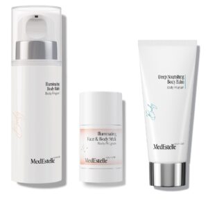 Zestaw Body program medestelle, balsam rozświetlający,, balsam nawilżający i sztyft rozświetlający, zestaw do ciała medestelle Body Program